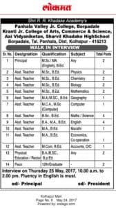 Panhala Valley Jr. College Recruitment 2017