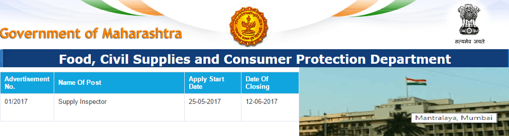 Food & Civil Supply Department, Amravati Division Supply Inspector Recruitment 2017