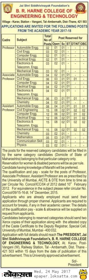 B.R Harna College of Engineering & Technology Recruitment 2017