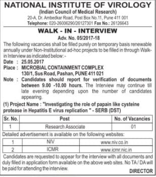 National Institute Of Virology Research Associate Recruitment 2017