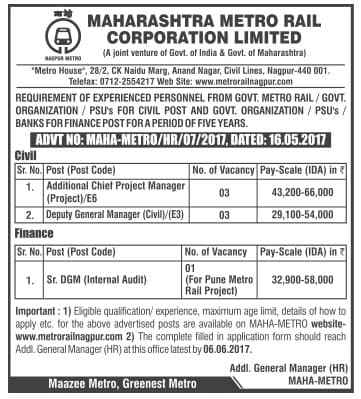 Maharashtra Metro Rail Corporation Limited Deputy General Manager / Additional Chief Project Manager / or More 2017