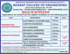 Bharat College of Engineering Recruitment 2017