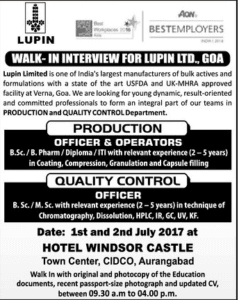 Lupin Recruitment 2017