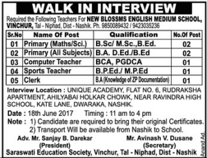 New Blossms English Medium Scool Recruitment 2017