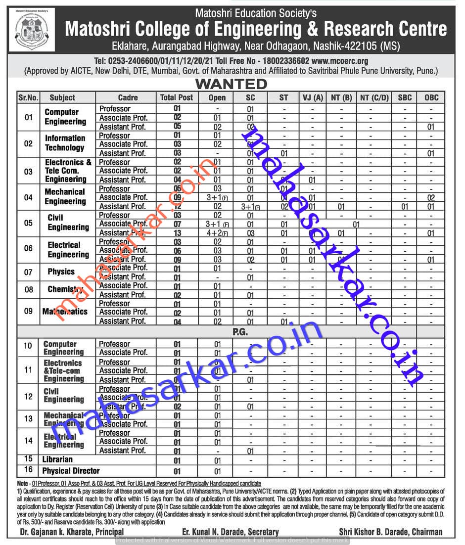 MCOERC Nashik Faculty Recruitment 2017
