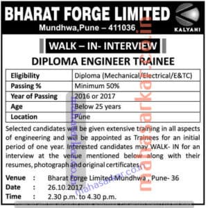 Bharat Forge Diploma Engineer Trainee Recruitment 2017