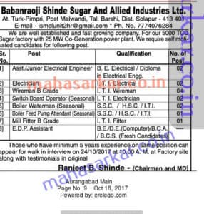 Babanraoji Shinde Suger Industries Recruitment 2017