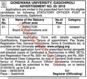 Gondwana University Director Recruitment 2018