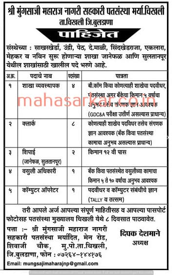 Shri Mungsaji Maharaj Urban Cooperative Credit Society Recruitment 2017