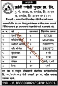 Kranti Jyoti Foods Recruitment 2018