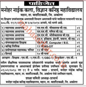 Manohar Naik Jr. College Recruitment 2018