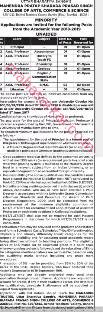 M.P.S.P. Singh College Recruitment 2018