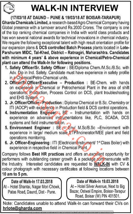 MAHA Gharda Chemicals Recruitment 2018