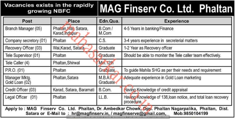 MAG Finserv Recruitment 2018