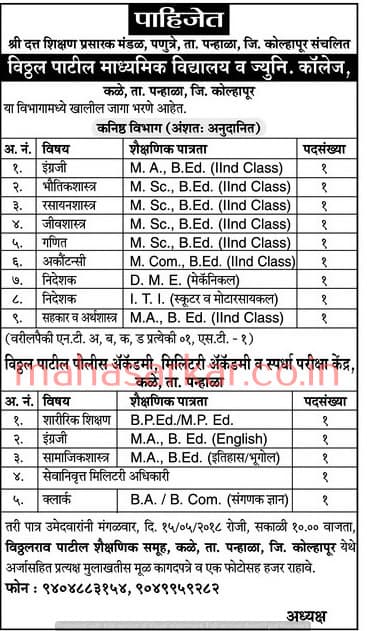 Vitthal Patil Madhyamik Vidyalaya Recruitment 2018