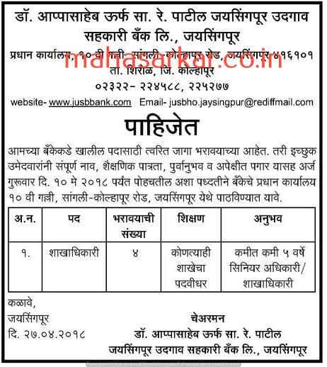 JUS Bank Kolhapur Recruitment 2018