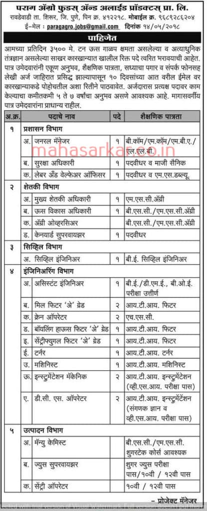 Parag Agro Pune Recruitment 2018