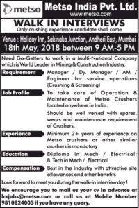 Metso India Recruitment 2018