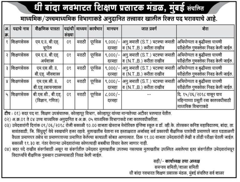 Navbharat Shikshan Prasarak Mandal Recruitment 2018
