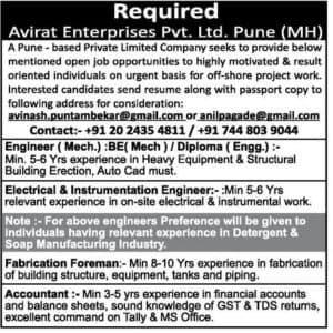 Avirat Enterprises Pune Recruitment 2018