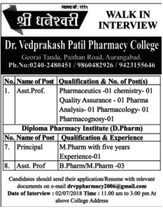Dr. Vedprakash Patil Pharmacy College Recruitment 2018