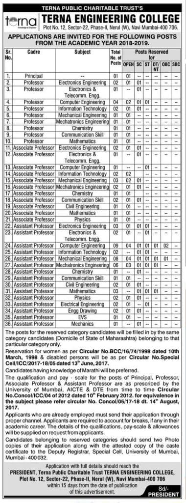 Terna Mumbai Recruitment 2018