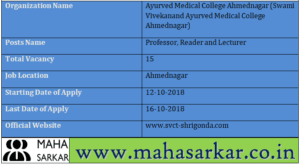 Swami Vivekanand Ayurved Medical College Ahmednagar Recruitment 2018