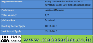 Babaji Date Mahila Sahakari Bank Recruitment 2018