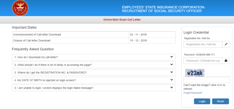 ESIC SSO Main Admit Card 2018