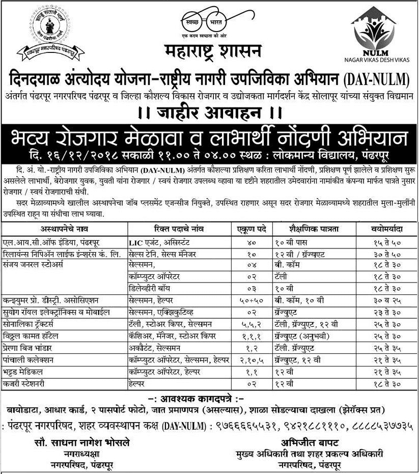 Pandharpur Rojgar Melava 2018 for 440 Posts