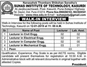 Suhas Institute Of Technology Pune Recruitment 2019