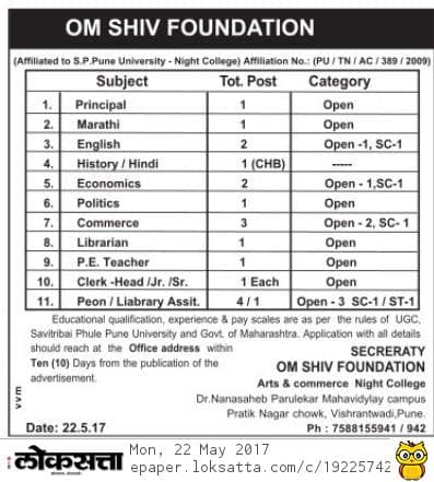 Om Shiv Foundation Recruitment 2017