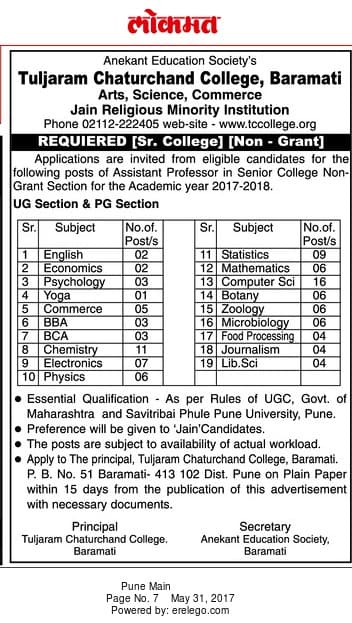 Tuljaram Chaturchand College Teacher in relevant subjects Recruitment 2017