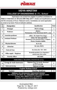 Vidya Niketan College of Engineering & I T I School Recruitment 2017