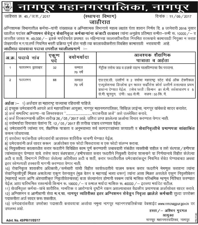 Nagpur Municipal Corporation Fireman Driver & Fireman Recruitment 2017