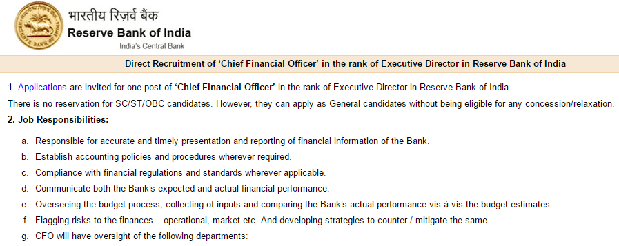 RBI Chief Financial Officer Recruitment 2017