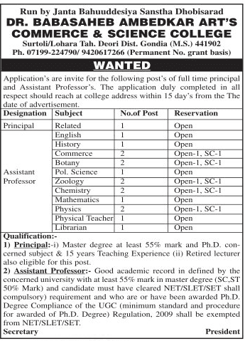 Dr Babasaheb Ambedkar Art’s Commerce & Science College Recruitment 2017