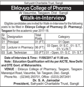 Eklavya College of Pharma Recruitment 2017