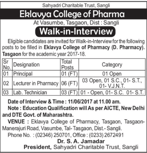 Eklavya College of Pharma Recruitment 2017