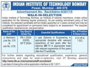 IIT Bombay Jr. Mechanic Recruitment 2017
