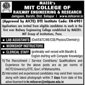MIT College of Railway Engineering & Research Recruitment 2017