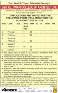 Smt K L Tiwari College of Architecture Recruitment 2017