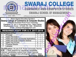 SWARAJ COLLEGE Principal – Assistant Professor B.B.A & More Recruitment 2017