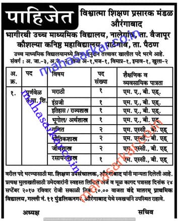 Biswatama Shikshan Prasarak Manadal HS Teacher Recruitment 2017