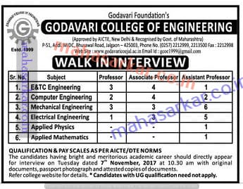 Jalgaon Godavari College Professor Recruitment 2017