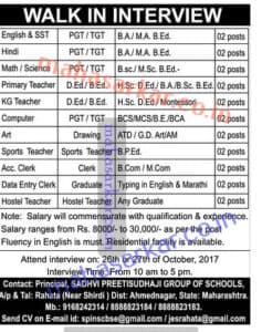 Sadhvi Preetisudhaji International School Faculty Recruitment 2017