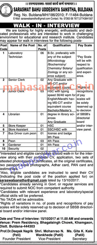 Saraswat bahu Uddeshiya Sanstha Recruitment 2017