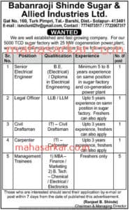 Babanjaoji Shinde Suger & Allied Industries Recruitment 2017