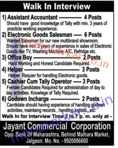 Jalgaon Jayant Commercial Recruitment 2017