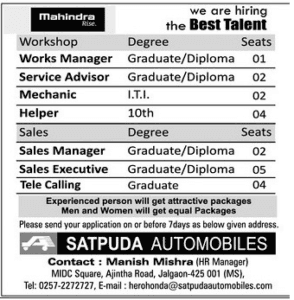 Jalgaon Satpuda Recruitment 2018